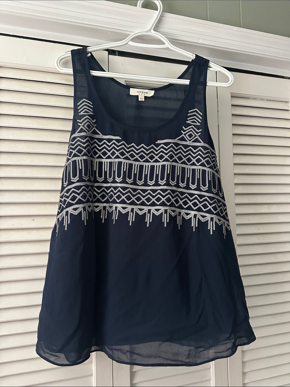 Umgee Navy Tank Top with silver Geometric Embroidery